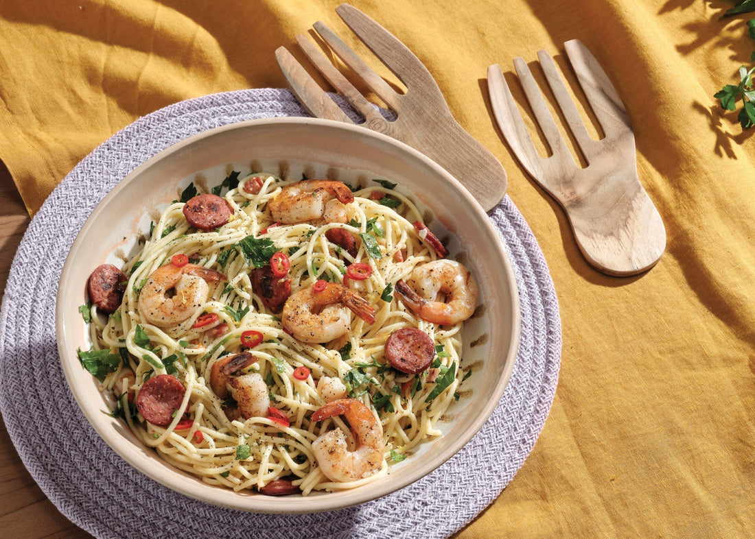 Seriously tasty prawn and chorizo spaghetti