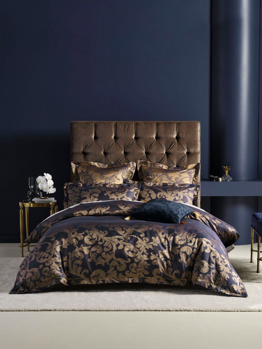 Navy and store gold bedding